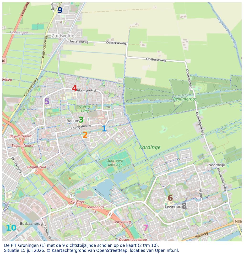 Kaart van de school met de tien dichtsbijzijnde scholen. Hierbij zijn de scholen genummerd van 1 tot en met 10. Nummer 1 is toegekend aan de schoolvestiging zelf: De PIT Groningen.