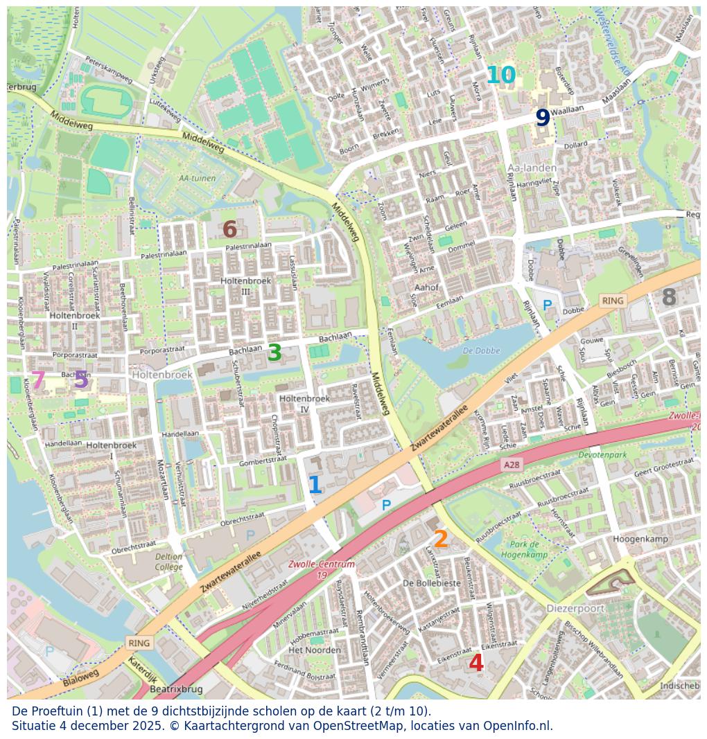 Kaart van de school met de tien dichtsbijzijnde scholen. Hierbij zijn de scholen genummerd van 1 tot en met 10. Nummer 1 is toegekend aan de schoolvestiging zelf: De Proeftuin.