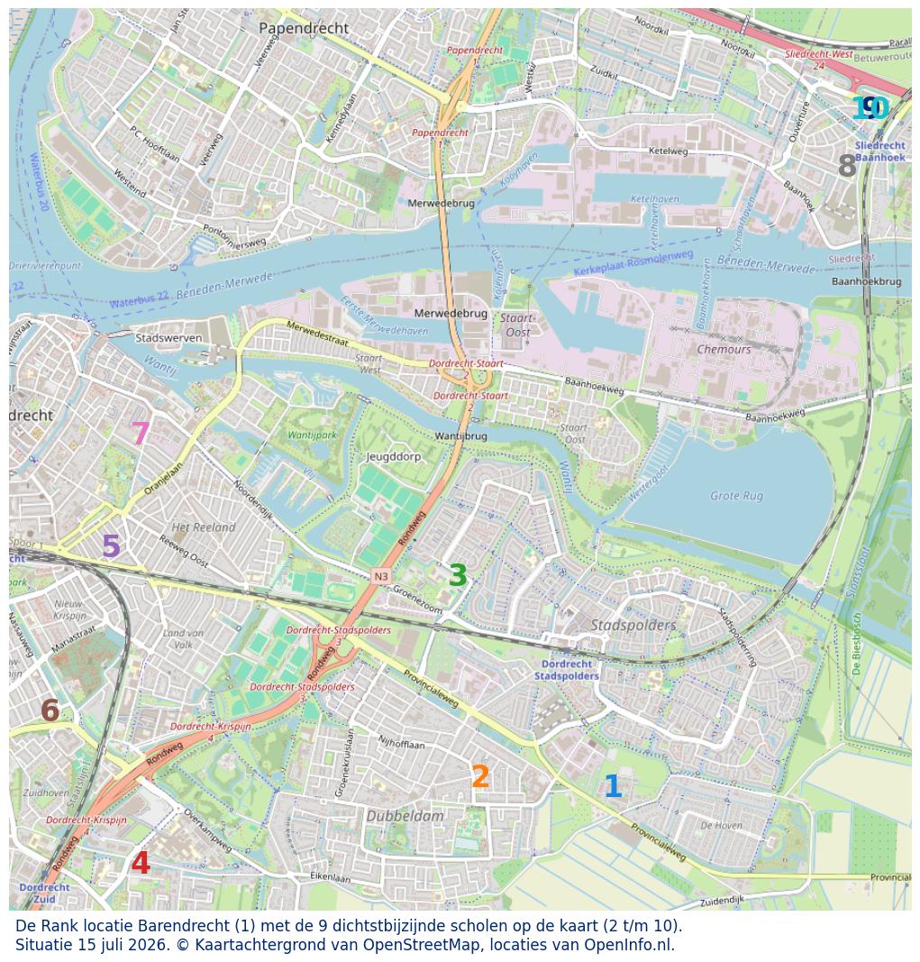 Kaart van de school met de tien dichtsbijzijnde scholen. Hierbij zijn de scholen genummerd van 1 tot en met 10. Nummer 1 is toegekend aan de schoolvestiging zelf: De Rank locatie Barendrecht.
