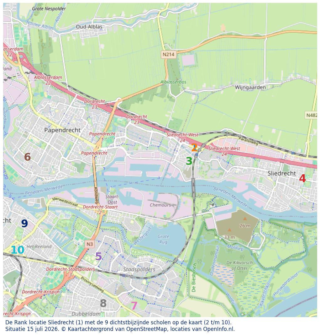 Kaart van de school met de tien dichtsbijzijnde scholen. Hierbij zijn de scholen genummerd van 1 tot en met 10. Nummer 1 is toegekend aan de schoolvestiging zelf: De Rank locatie Sliedrecht.