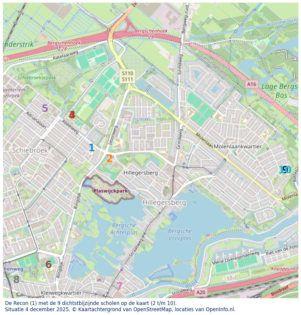 Kaart van de school met de tien dichtsbijzijnde scholen. Hierbij zijn de scholen genummerd van 1 tot en met 10. Nummer 1 is toegekend aan de schoolvestiging zelf: De Recon.