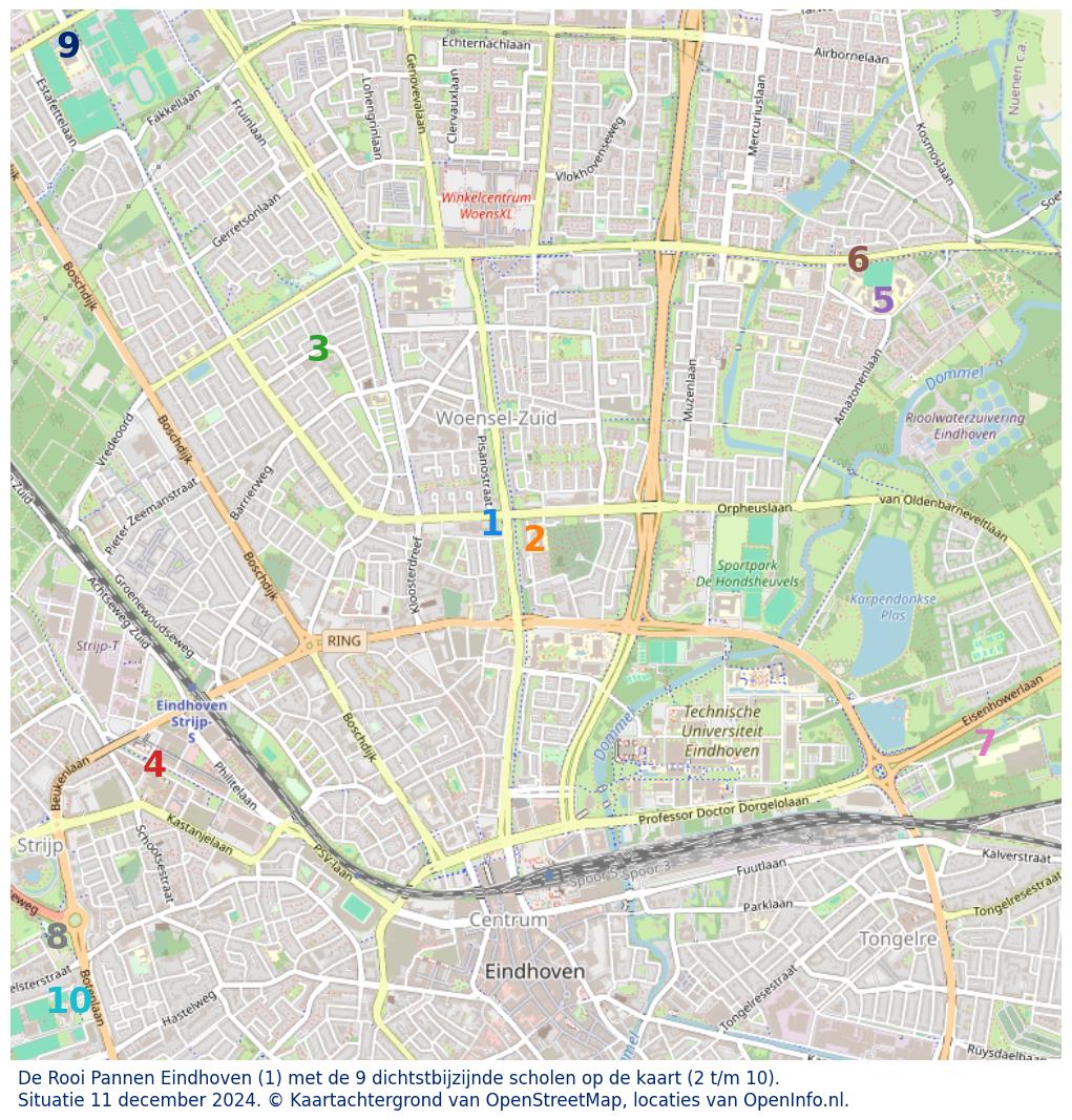 Kaart van de school met de tien dichtsbijzijnde scholen. Hierbij zijn de scholen genummerd van 1 tot en met 10. Nummer 1 is toegekend aan de schoolvestiging zelf: De Rooi Pannen Eindhoven.