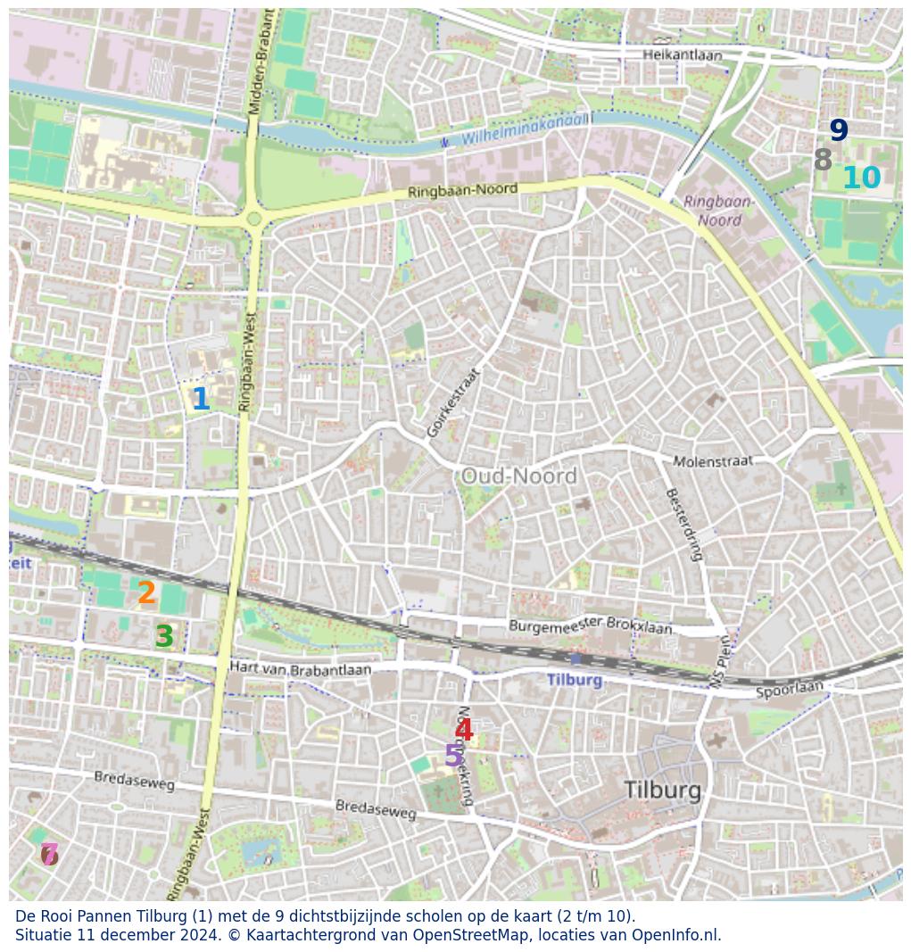 Kaart van de school met de tien dichtsbijzijnde scholen. Hierbij zijn de scholen genummerd van 1 tot en met 10. Nummer 1 is toegekend aan de schoolvestiging zelf: De Rooi Pannen Tilburg.