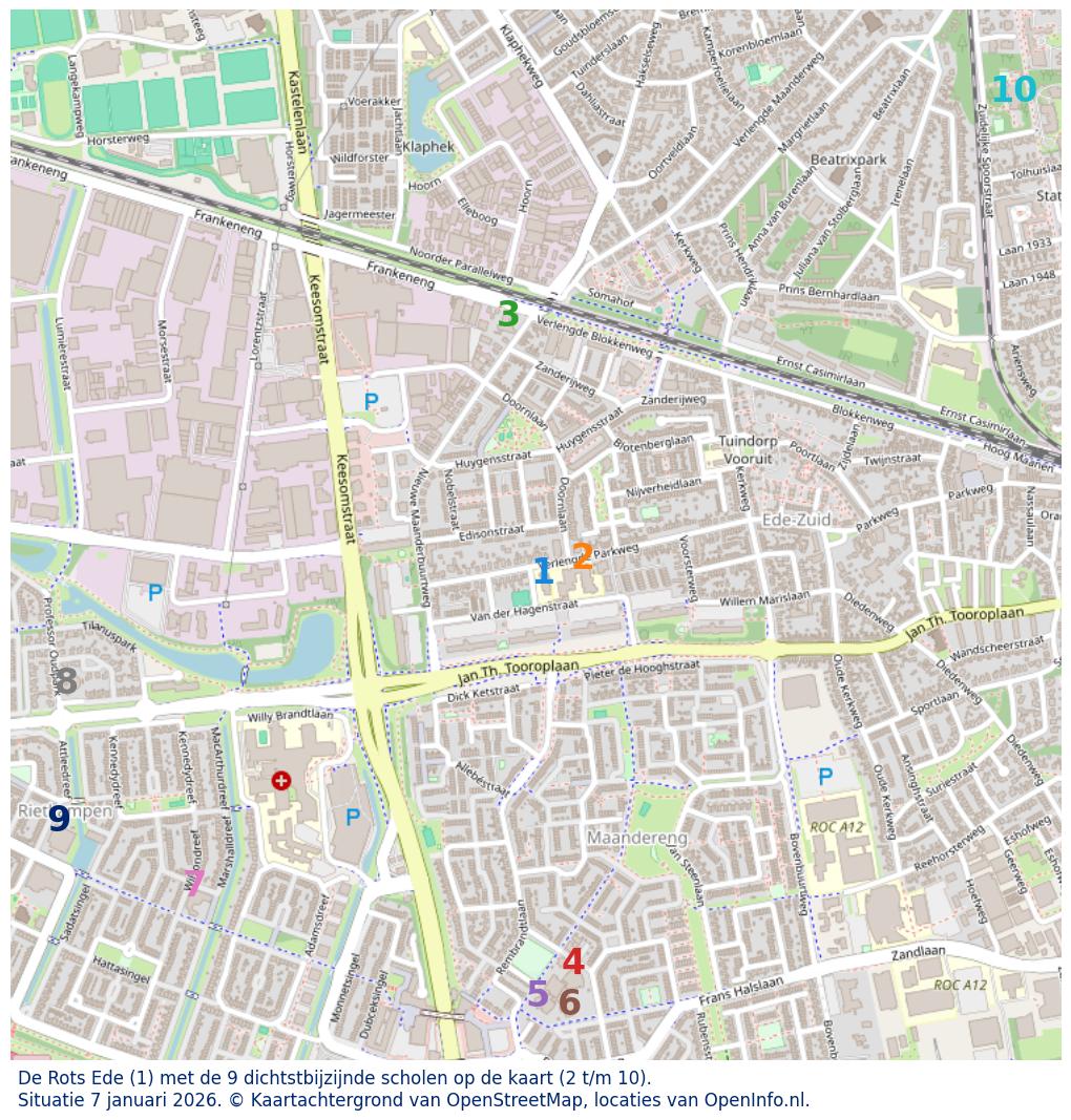 Kaart van de school met de tien dichtsbijzijnde scholen. Hierbij zijn de scholen genummerd van 1 tot en met 10. Nummer 1 is toegekend aan de schoolvestiging zelf: De Rots Ede.