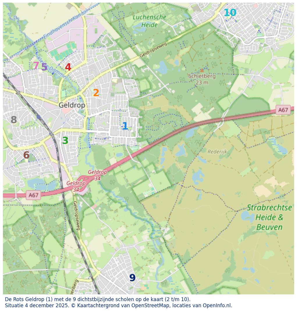 Kaart van de school met de tien dichtsbijzijnde scholen. Hierbij zijn de scholen genummerd van 1 tot en met 10. Nummer 1 is toegekend aan de schoolvestiging zelf: De Rots Geldrop.