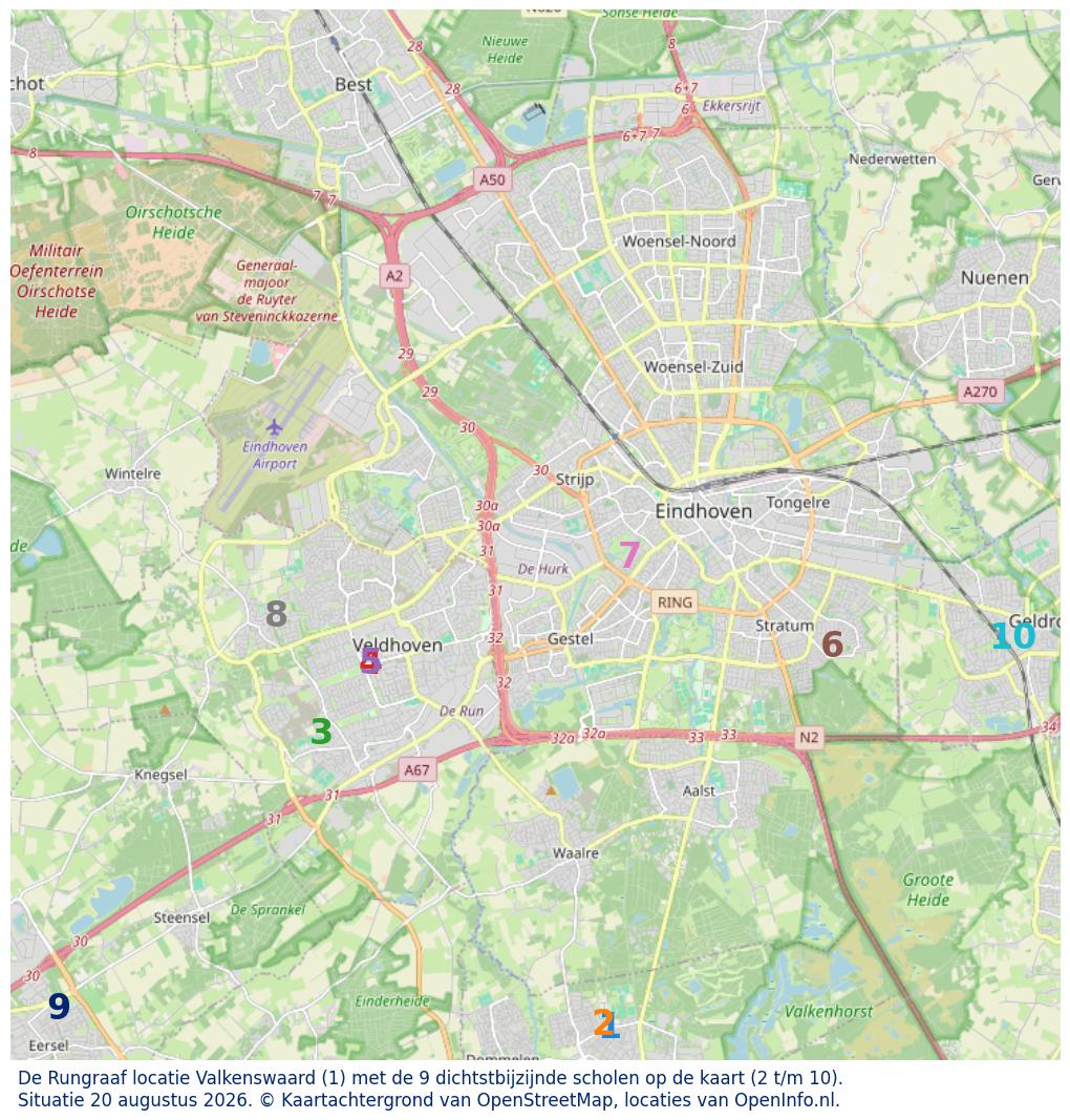 Kaart van de school met de tien dichtstbijzijnde scholen. Hierbij zijn de scholen genummerd van 1 tot en met 10. Nummer 1 is toegekend aan de schoolvestiging zelf: De Rungraaf locatie Valkenswaard.