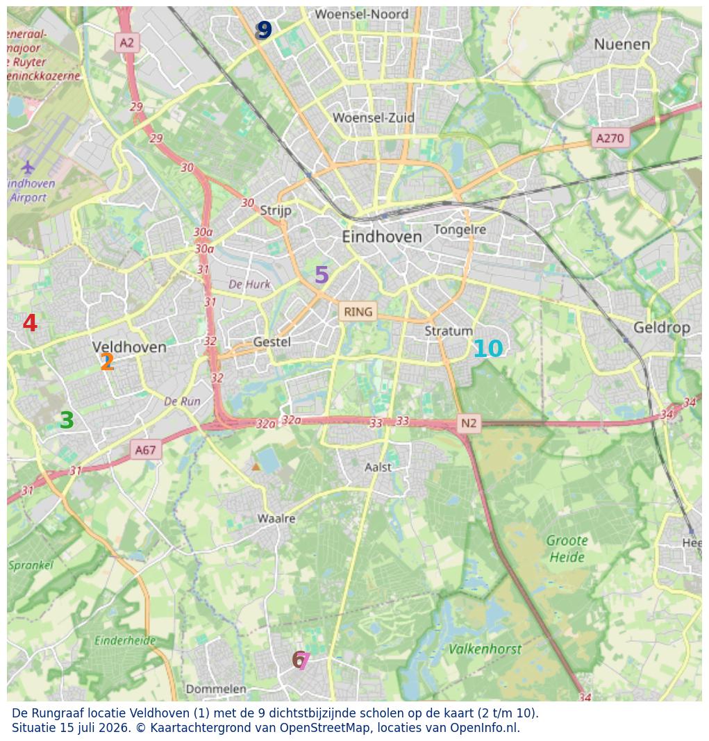 Kaart van de school met de tien dichtsbijzijnde scholen. Hierbij zijn de scholen genummerd van 1 tot en met 10. Nummer 1 is toegekend aan de schoolvestiging zelf: De Rungraaf locatie Veldhoven.