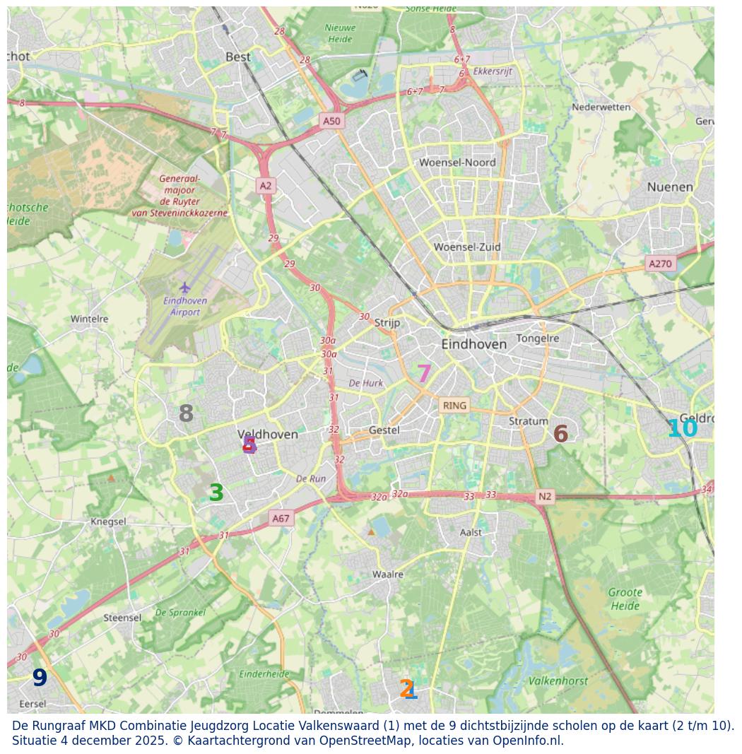 Kaart van de school met de tien dichtsbijzijnde scholen. Hierbij zijn de scholen genummerd van 1 tot en met 10. Nummer 1 is toegekend aan de schoolvestiging zelf: De Rungraaf MKD Combinatie Jeugdzorg Locatie Valkenswaard.