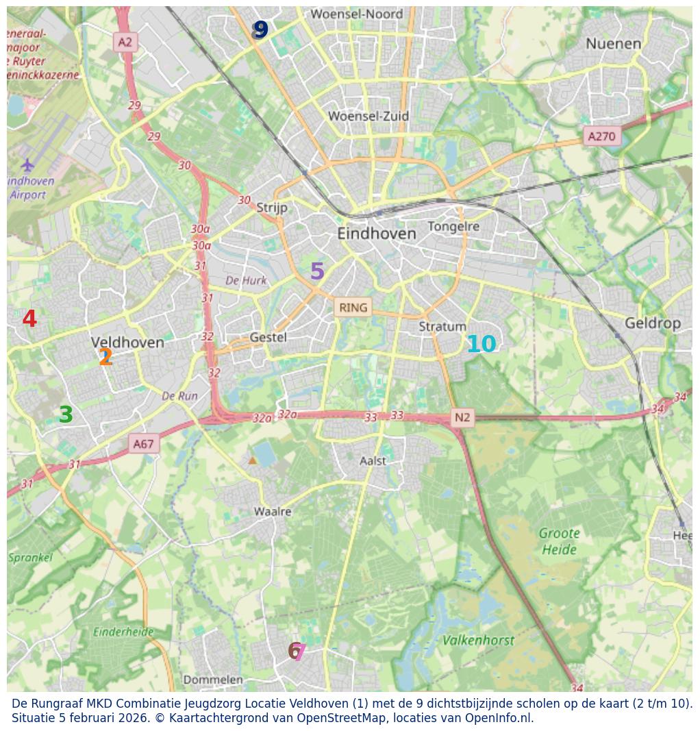 Kaart van de school met de tien dichtsbijzijnde scholen. Hierbij zijn de scholen genummerd van 1 tot en met 10. Nummer 1 is toegekend aan de schoolvestiging zelf: De Rungraaf MKD Combinatie Jeugdzorg Locatie Veldhoven.