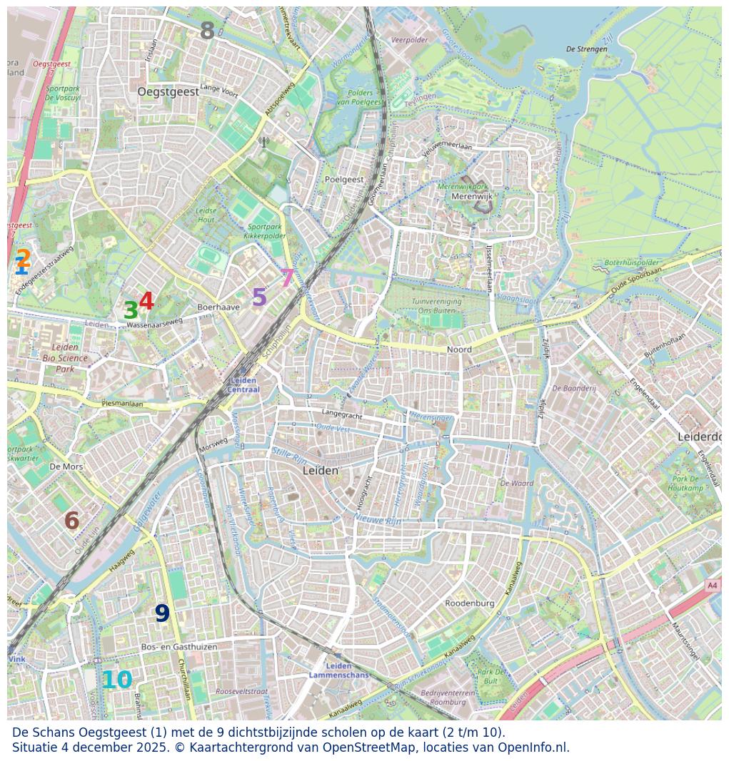 Kaart van de school met de tien dichtsbijzijnde scholen. Hierbij zijn de scholen genummerd van 1 tot en met 10. Nummer 1 is toegekend aan de schoolvestiging zelf: De Schans Oegstgeest.