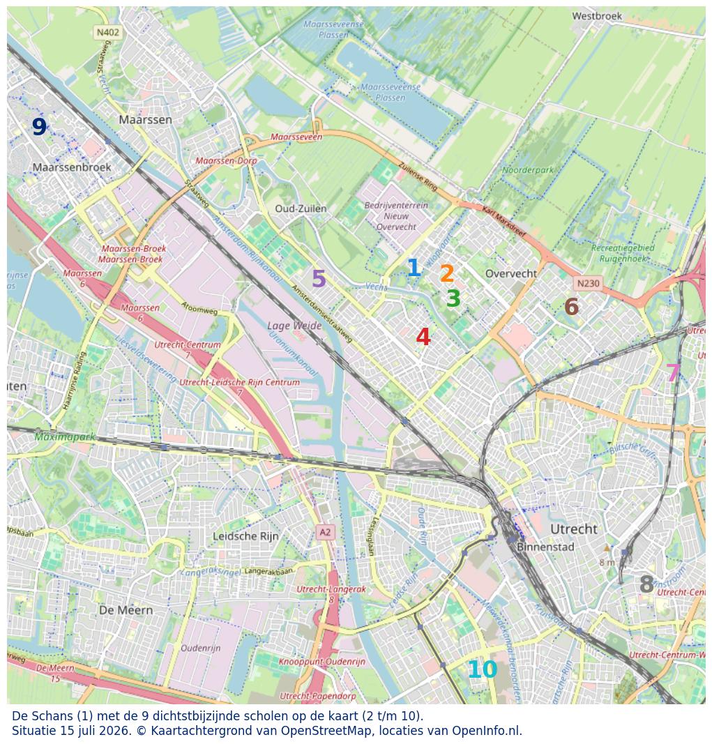 Kaart van de school met de tien dichtsbijzijnde scholen. Hierbij zijn de scholen genummerd van 1 tot en met 10. Nummer 1 is toegekend aan de schoolvestiging zelf: De Schans.