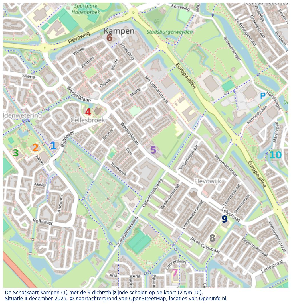 Kaart van de school met de tien dichtsbijzijnde scholen. Hierbij zijn de scholen genummerd van 1 tot en met 10. Nummer 1 is toegekend aan de schoolvestiging zelf: De Schatkaart Kampen.