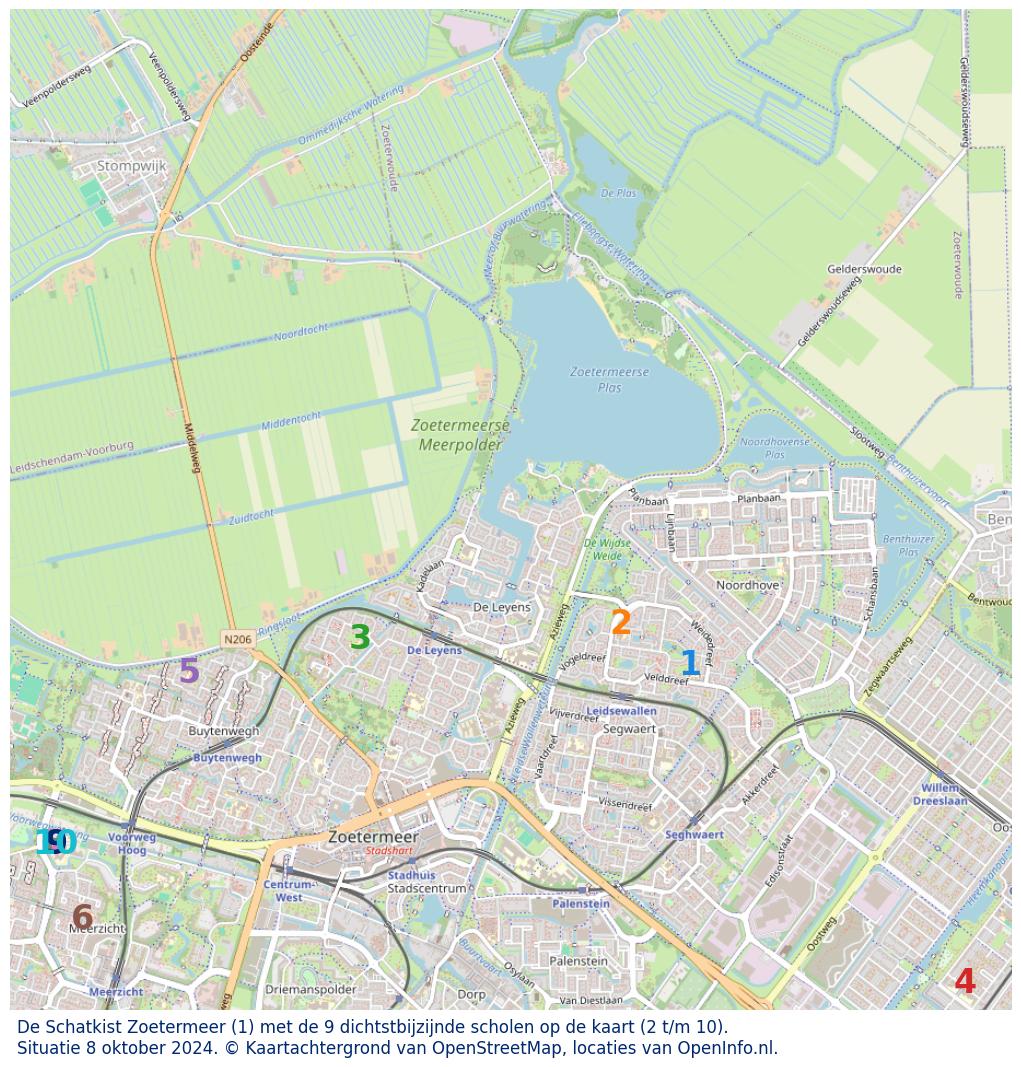 Kaart van de school met de tien dichtsbijzijnde scholen. Hierbij zijn de scholen genummerd van 1 tot en met 10. Nummer 1 is toegekend aan de schoolvestiging zelf: De Schatkist Zoetermeer.