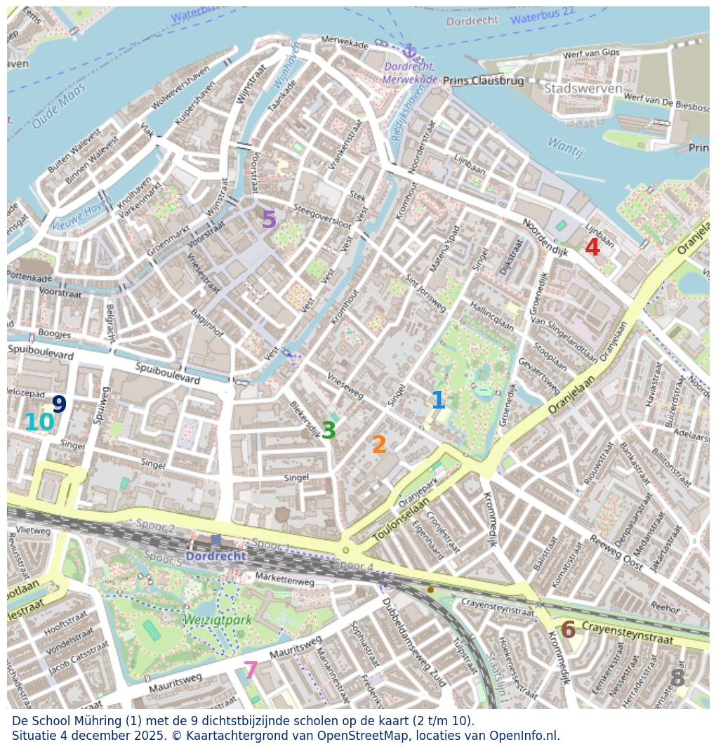 Kaart van de school met de tien dichtsbijzijnde scholen. Hierbij zijn de scholen genummerd van 1 tot en met 10. Nummer 1 is toegekend aan de schoolvestiging zelf: De School Mühring.