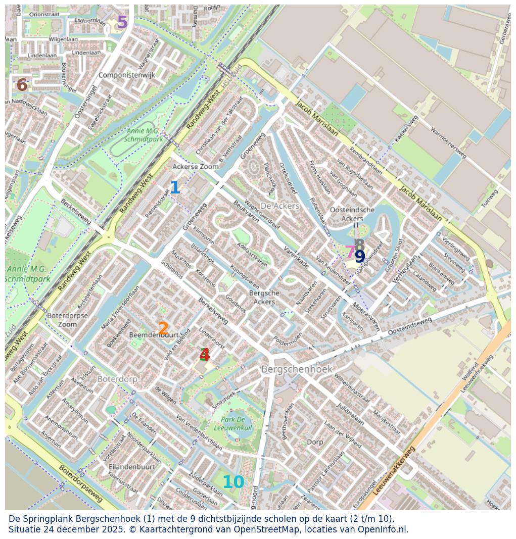 Kaart van de school met de tien dichtsbijzijnde scholen. Hierbij zijn de scholen genummerd van 1 tot en met 10. Nummer 1 is toegekend aan de schoolvestiging zelf: De Springplank Bergschenhoek.