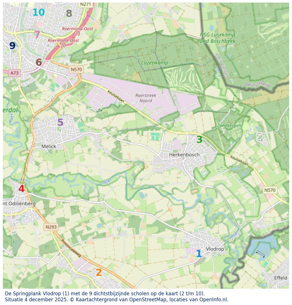 Kaart van de school met de tien dichtsbijzijnde scholen. Hierbij zijn de scholen genummerd van 1 tot en met 10. Nummer 1 is toegekend aan de schoolvestiging zelf: De Springplank Vlodrop.