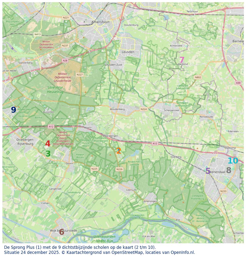 Kaart van de school met de tien dichtsbijzijnde scholen. Hierbij zijn de scholen genummerd van 1 tot en met 10. Nummer 1 is toegekend aan de schoolvestiging zelf: De Sprong Plus.