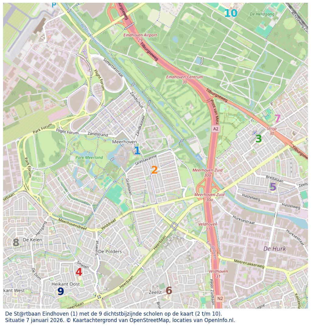 Kaart van de school met de tien dichtsbijzijnde scholen. Hierbij zijn de scholen genummerd van 1 tot en met 10. Nummer 1 is toegekend aan de schoolvestiging zelf: De St@rtbaan Eindhoven.
