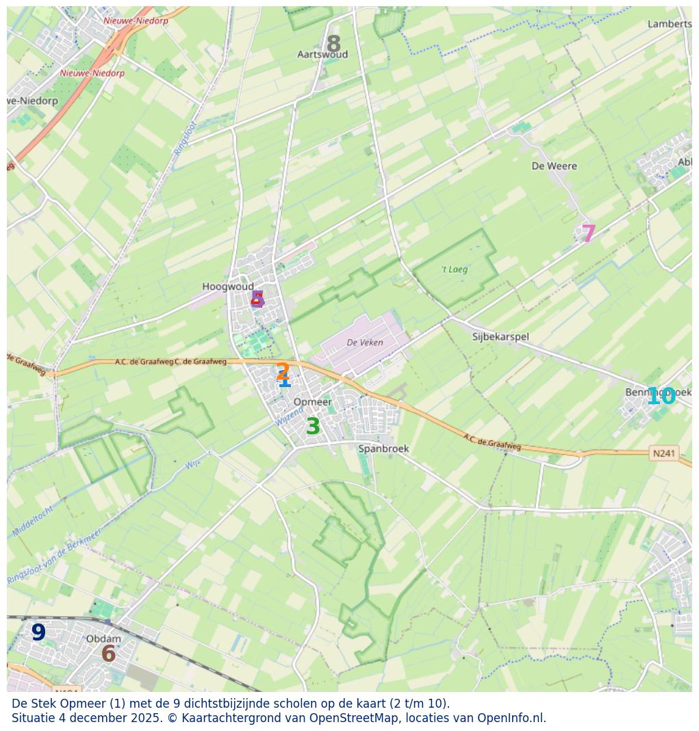 Kaart van de school met de tien dichtsbijzijnde scholen. Hierbij zijn de scholen genummerd van 1 tot en met 10. Nummer 1 is toegekend aan de schoolvestiging zelf: De Stek Opmeer.