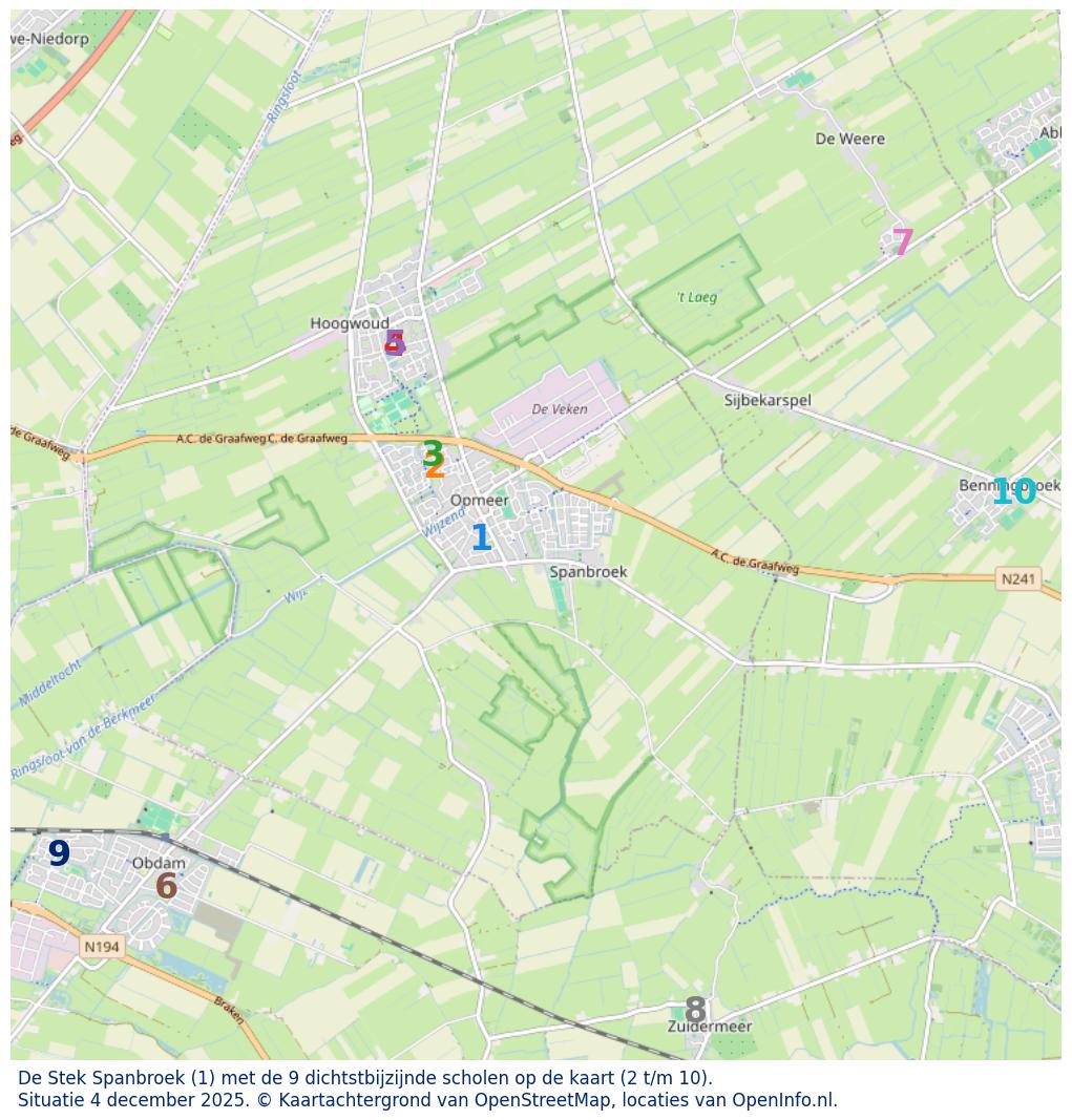 Kaart van de school met de tien dichtsbijzijnde scholen. Hierbij zijn de scholen genummerd van 1 tot en met 10. Nummer 1 is toegekend aan de schoolvestiging zelf: De Stek Spanbroek.