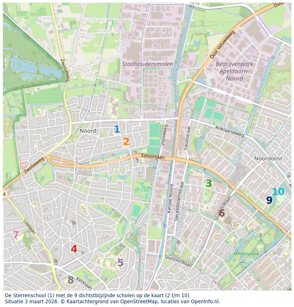 Kaart van de school met de tien dichtsbijzijnde scholen. Hierbij zijn de scholen genummerd van 1 tot en met 10. Nummer 1 is toegekend aan de schoolvestiging zelf: De Sterrenschool.