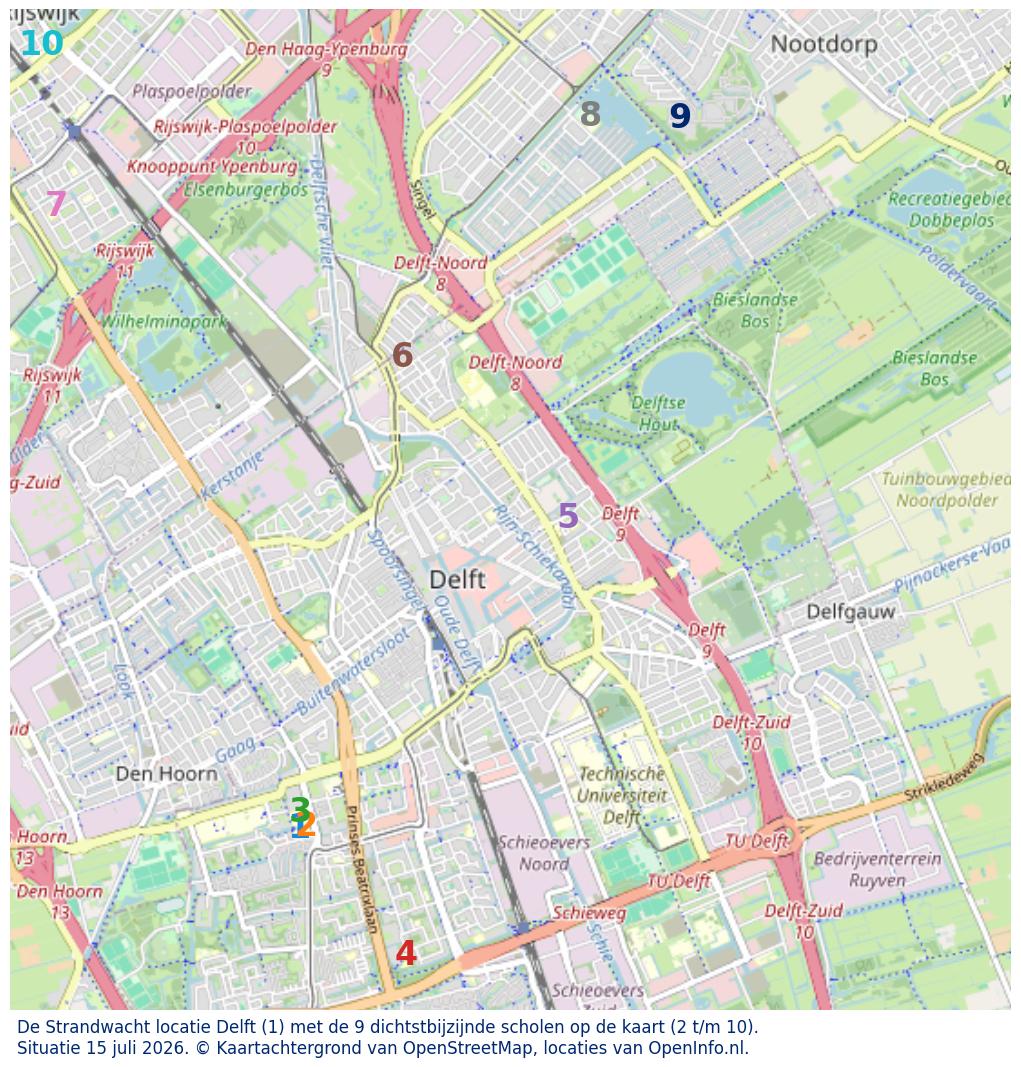 Kaart van de school met de tien dichtsbijzijnde scholen. Hierbij zijn de scholen genummerd van 1 tot en met 10. Nummer 1 is toegekend aan de schoolvestiging zelf: De Strandwacht locatie Delft.