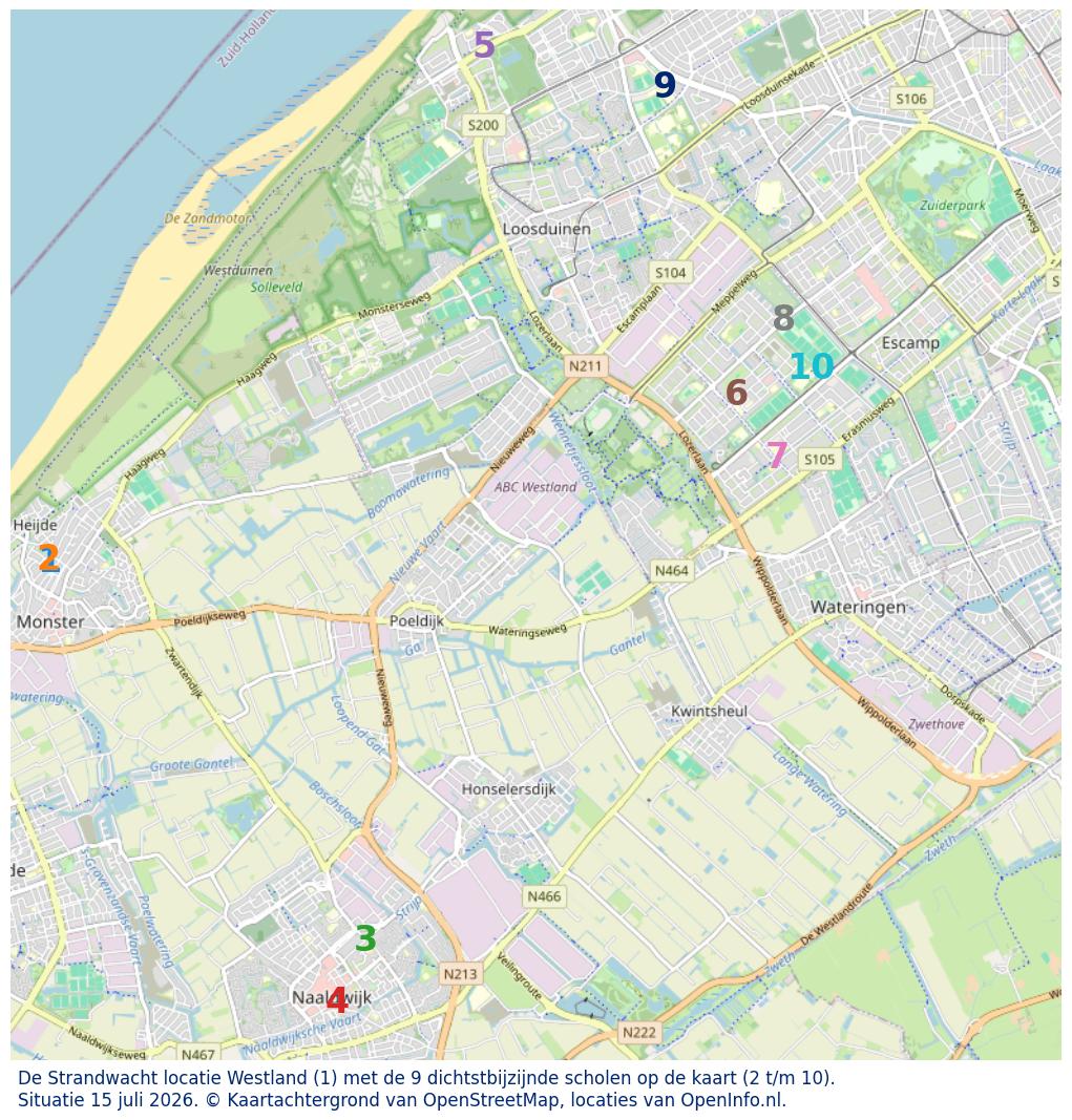 Kaart van de school met de tien dichtsbijzijnde scholen. Hierbij zijn de scholen genummerd van 1 tot en met 10. Nummer 1 is toegekend aan de schoolvestiging zelf: De Strandwacht locatie Westland.