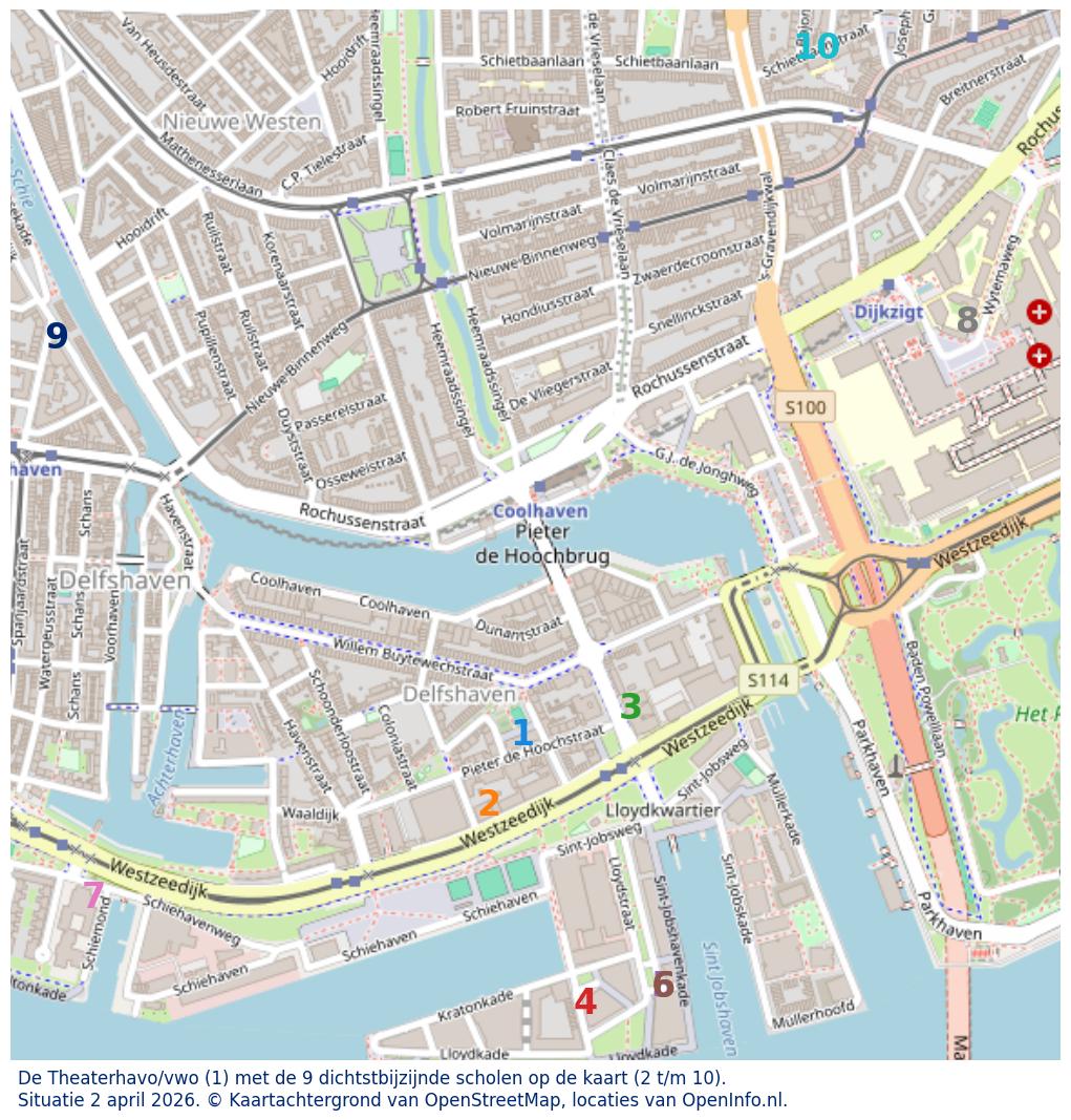 Kaart van de school met de tien dichtsbijzijnde scholen. Hierbij zijn de scholen genummerd van 1 tot en met 10. Nummer 1 is toegekend aan de schoolvestiging zelf: De Theaterhavo/vwo.