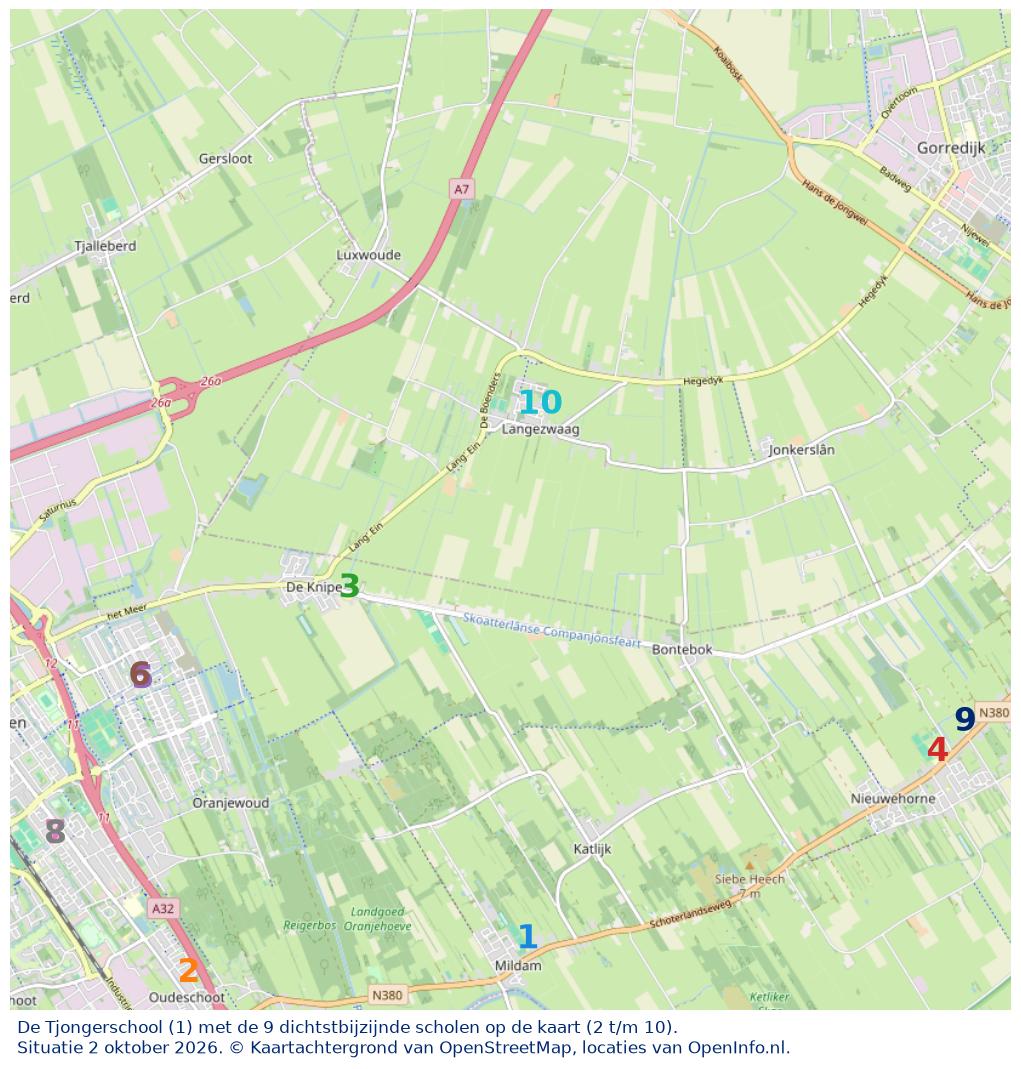 Kaart van de school met de tien dichtstbijzijnde scholen. Hierbij zijn de scholen genummerd van 1 tot en met 10. Nummer 1 is toegekend aan de schoolvestiging zelf: De Tjongerschool.