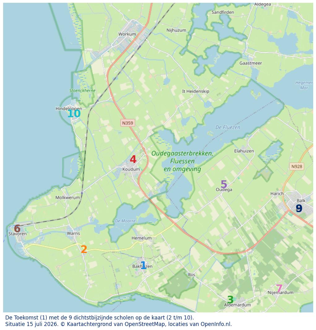 Kaart van de school met de tien dichtsbijzijnde scholen. Hierbij zijn de scholen genummerd van 1 tot en met 10. Nummer 1 is toegekend aan de schoolvestiging zelf: De Toekomst.