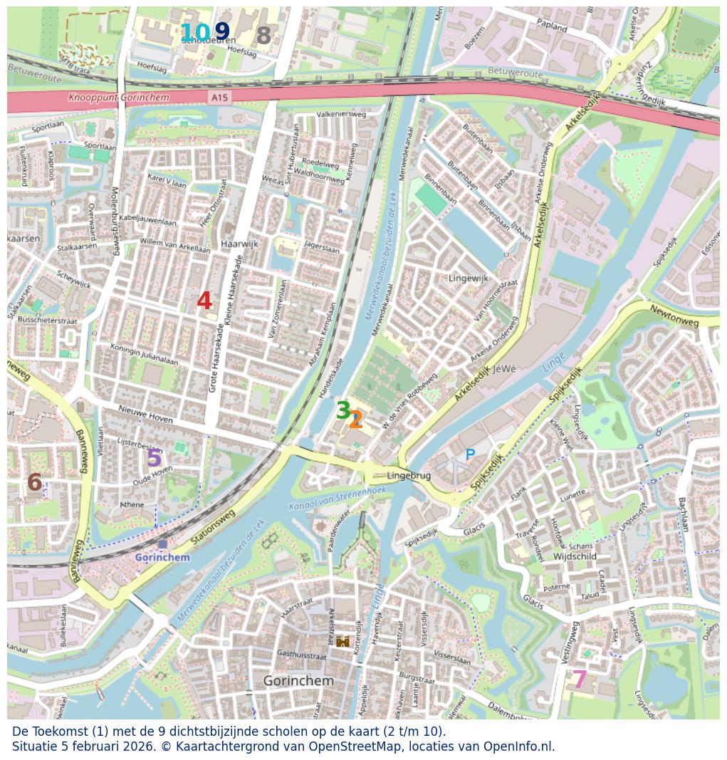 Kaart van de school met de tien dichtsbijzijnde scholen. Hierbij zijn de scholen genummerd van 1 tot en met 10. Nummer 1 is toegekend aan de schoolvestiging zelf: De Toekomst.