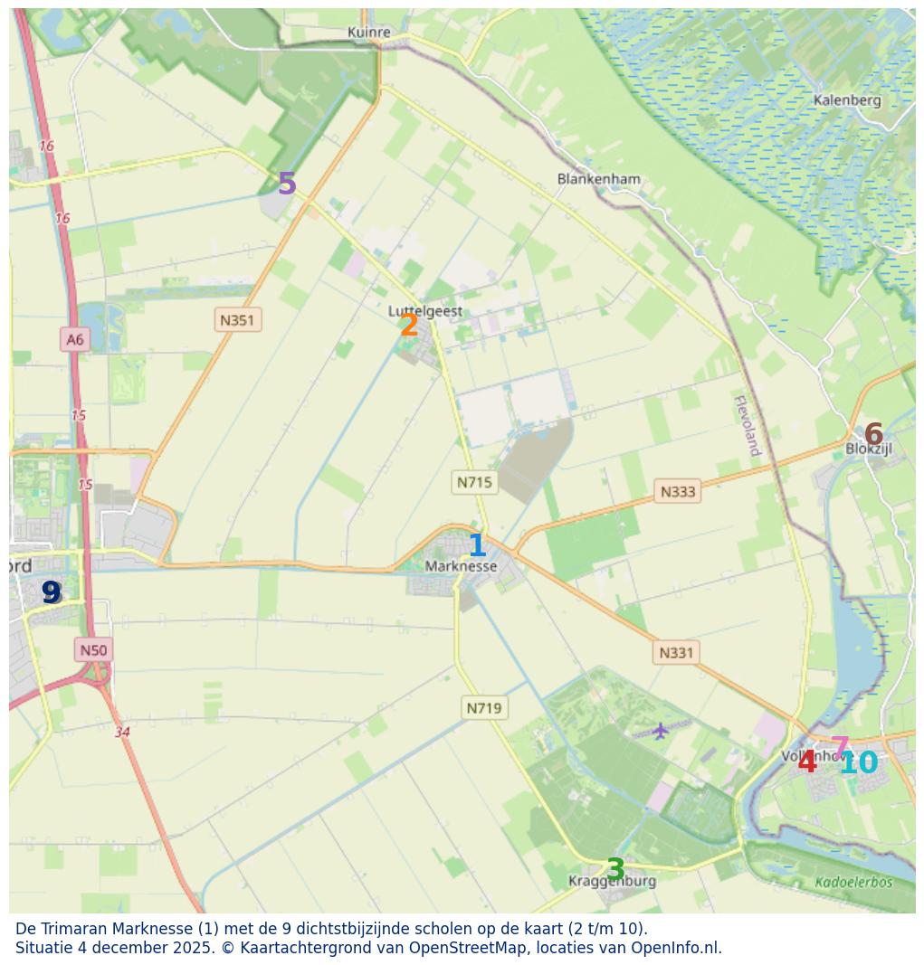 Kaart van de school met de tien dichtsbijzijnde scholen. Hierbij zijn de scholen genummerd van 1 tot en met 10. Nummer 1 is toegekend aan de schoolvestiging zelf: De Trimaran Marknesse.