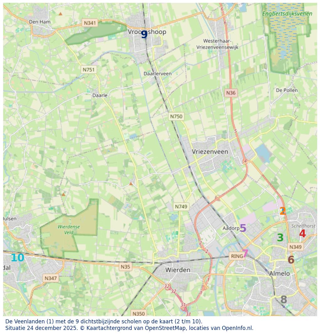 Kaart van de school met de tien dichtsbijzijnde scholen. Hierbij zijn de scholen genummerd van 1 tot en met 10. Nummer 1 is toegekend aan de schoolvestiging zelf: De Veenlanden.