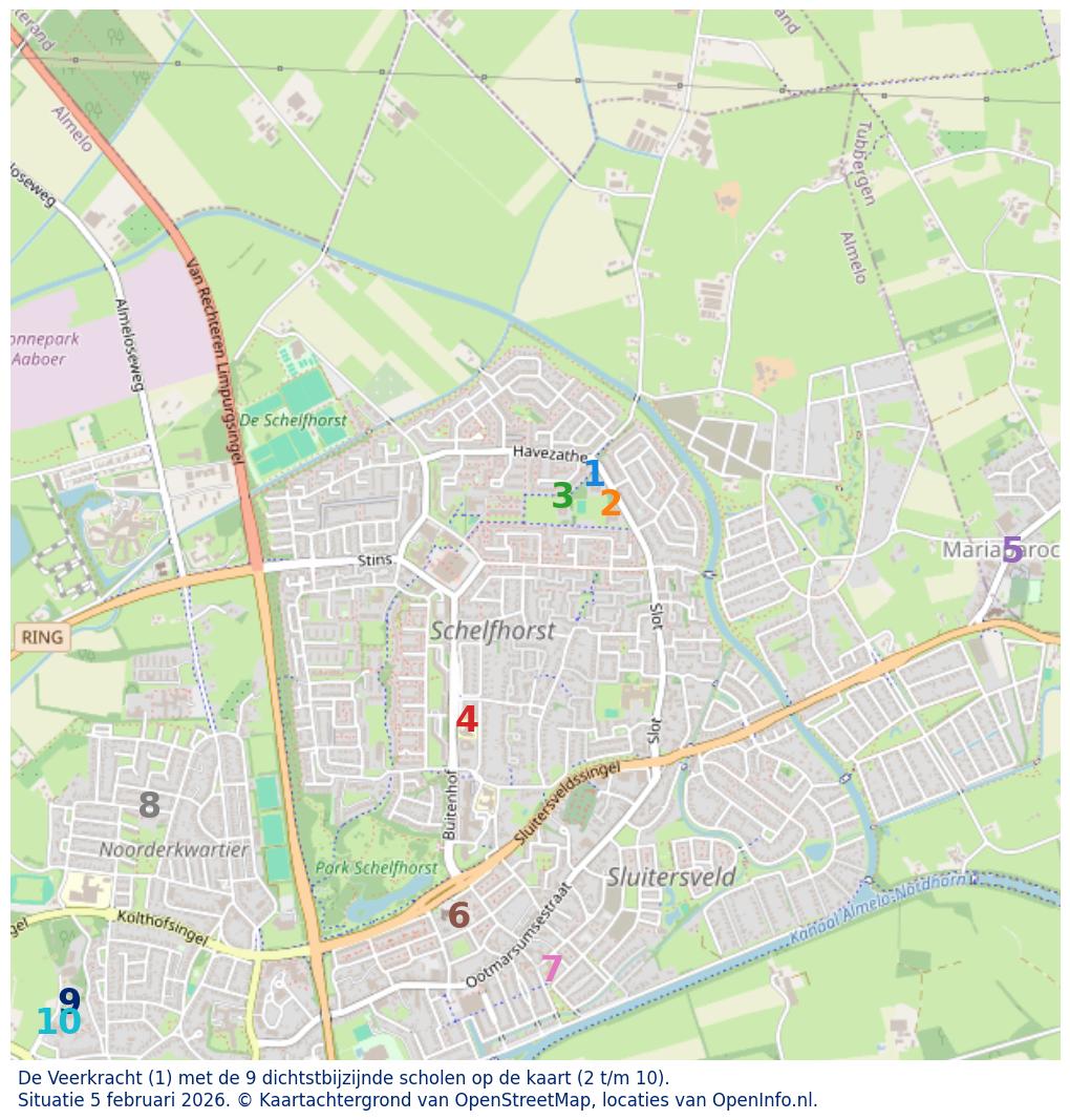 Kaart van de school met de tien dichtsbijzijnde scholen. Hierbij zijn de scholen genummerd van 1 tot en met 10. Nummer 1 is toegekend aan de schoolvestiging zelf: De Veerkracht.