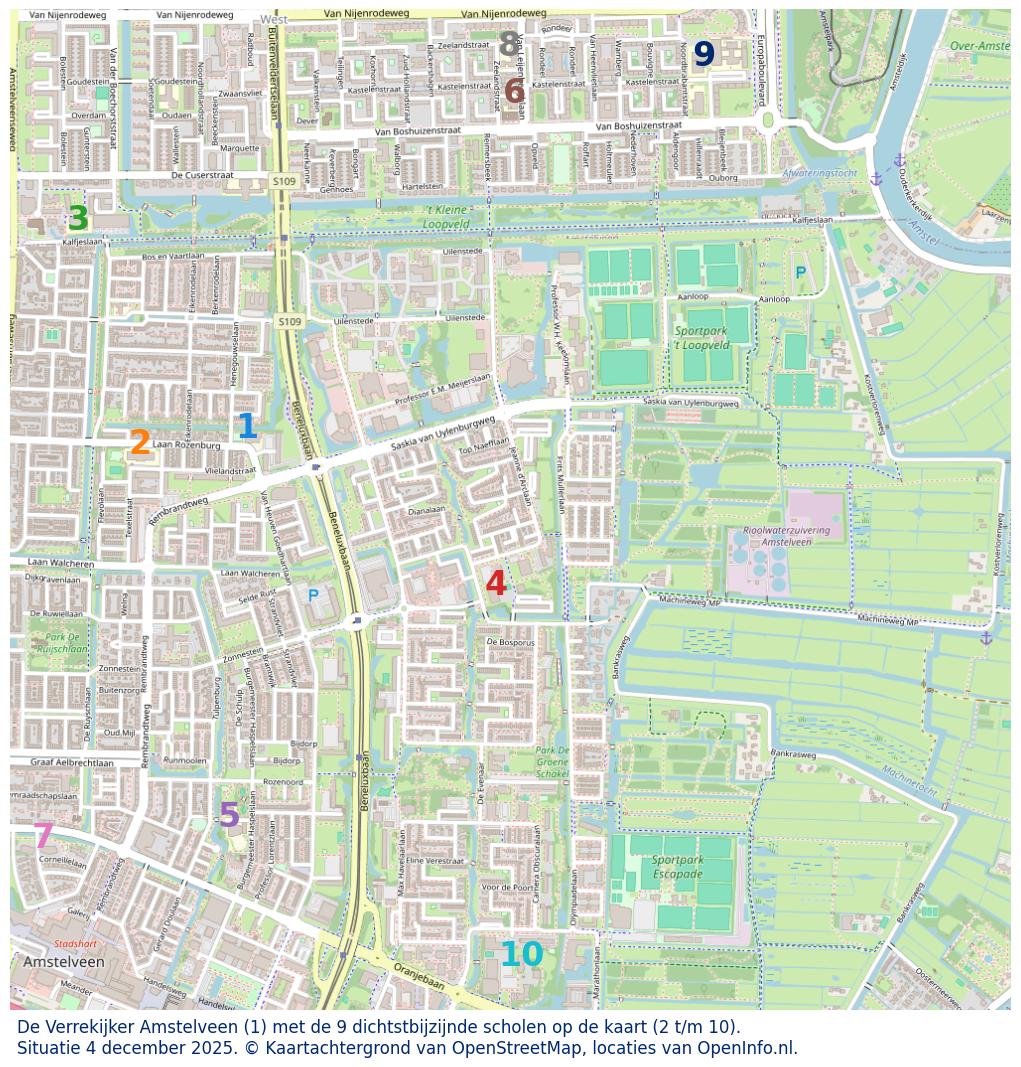 Kaart van de school met de tien dichtsbijzijnde scholen. Hierbij zijn de scholen genummerd van 1 tot en met 10. Nummer 1 is toegekend aan de schoolvestiging zelf: De Verrekijker Amstelveen.