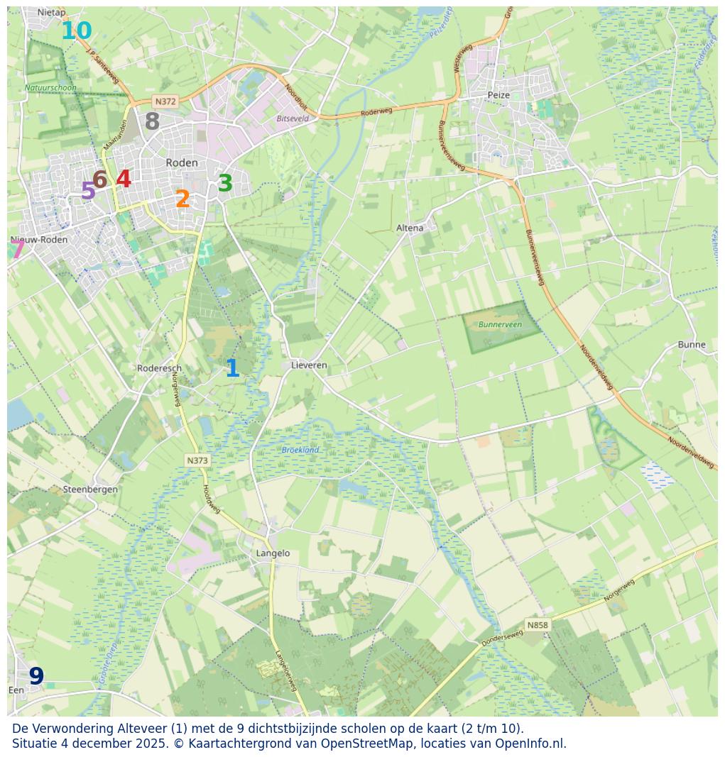 Kaart van de school met de tien dichtsbijzijnde scholen. Hierbij zijn de scholen genummerd van 1 tot en met 10. Nummer 1 is toegekend aan de schoolvestiging zelf: De Verwondering Alteveer.