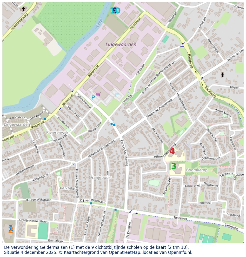 Kaart van de school met de tien dichtsbijzijnde scholen. Hierbij zijn de scholen genummerd van 1 tot en met 10. Nummer 1 is toegekend aan de schoolvestiging zelf: De Verwondering Geldermalsen.