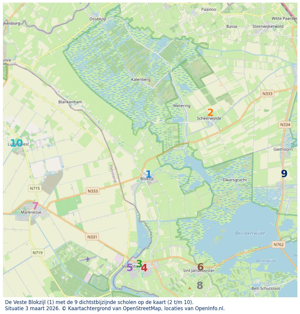 Kaart van de school met de tien dichtsbijzijnde scholen. Hierbij zijn de scholen genummerd van 1 tot en met 10. Nummer 1 is toegekend aan de schoolvestiging zelf: De Veste Blokzijl.