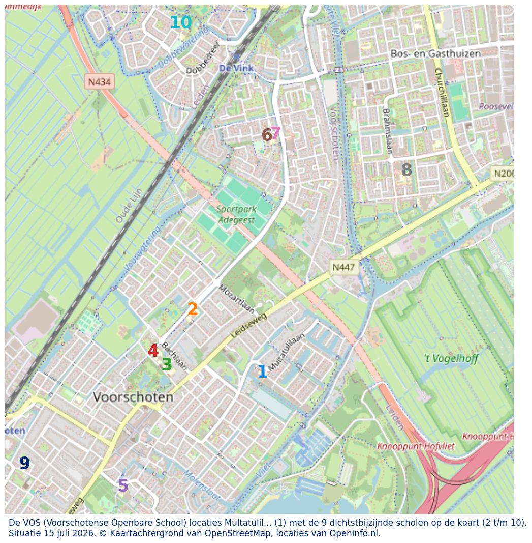 Kaart van de school met de tien dichtsbijzijnde scholen. Hierbij zijn de scholen genummerd van 1 tot en met 10. Nummer 1 is toegekend aan de schoolvestiging zelf: De VOS (Voorschotense Openbare School) locaties Multatulilaan en Ter Lips.