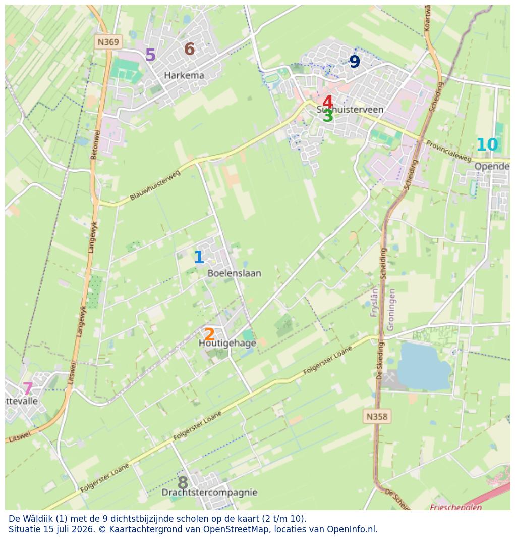 Kaart van de school met de tien dichtsbijzijnde scholen. Hierbij zijn de scholen genummerd van 1 tot en met 10. Nummer 1 is toegekend aan de schoolvestiging zelf: De Wâldiik.