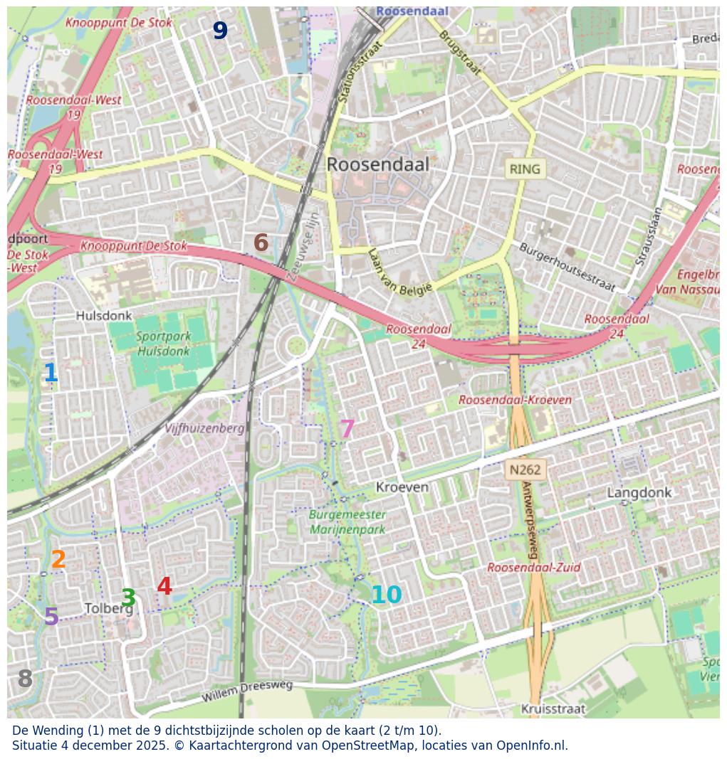 Kaart van de school met de tien dichtsbijzijnde scholen. Hierbij zijn de scholen genummerd van 1 tot en met 10. Nummer 1 is toegekend aan de schoolvestiging zelf: De Wending.