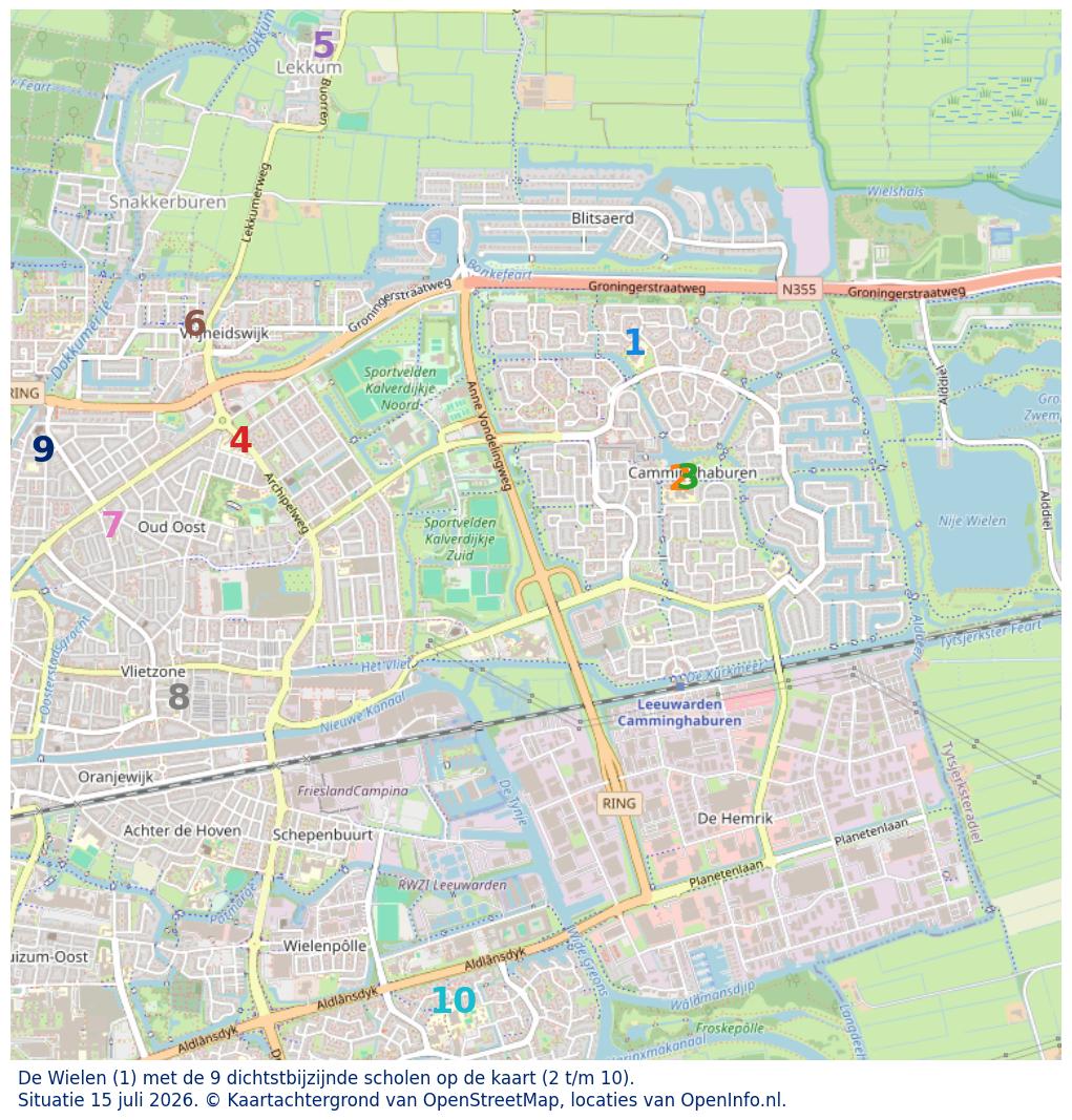 Kaart van de school met de tien dichtsbijzijnde scholen. Hierbij zijn de scholen genummerd van 1 tot en met 10. Nummer 1 is toegekend aan de schoolvestiging zelf: De Wielen.