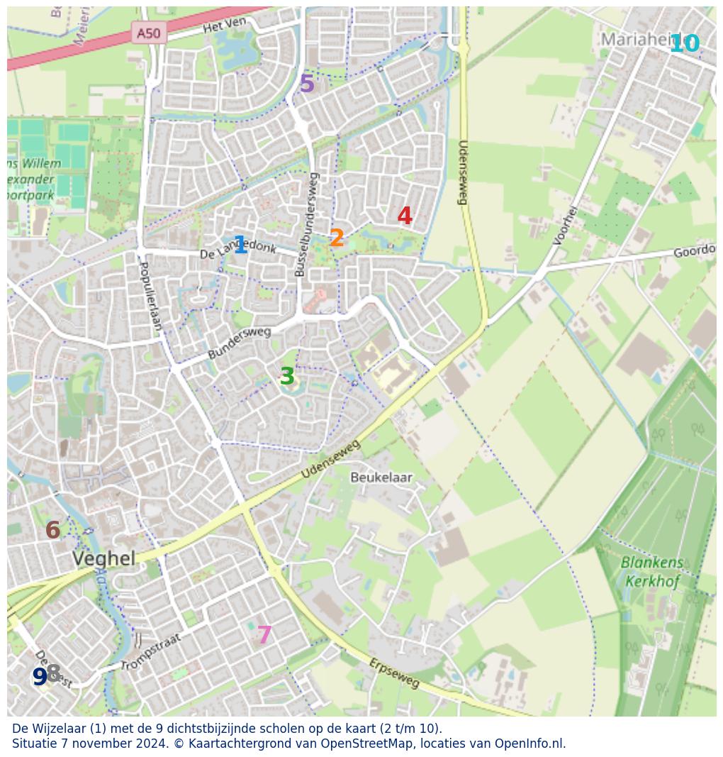 Kaart van de school met de tien dichtsbijzijnde scholen. Hierbij zijn de scholen genummerd van 1 tot en met 10. Nummer 1 is toegekend aan de schoolvestiging zelf: De Wijzelaar.