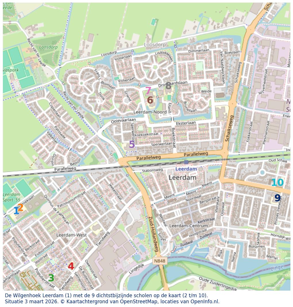 Kaart van de school met de tien dichtsbijzijnde scholen. Hierbij zijn de scholen genummerd van 1 tot en met 10. Nummer 1 is toegekend aan de schoolvestiging zelf: De Wilgenhoek Leerdam.