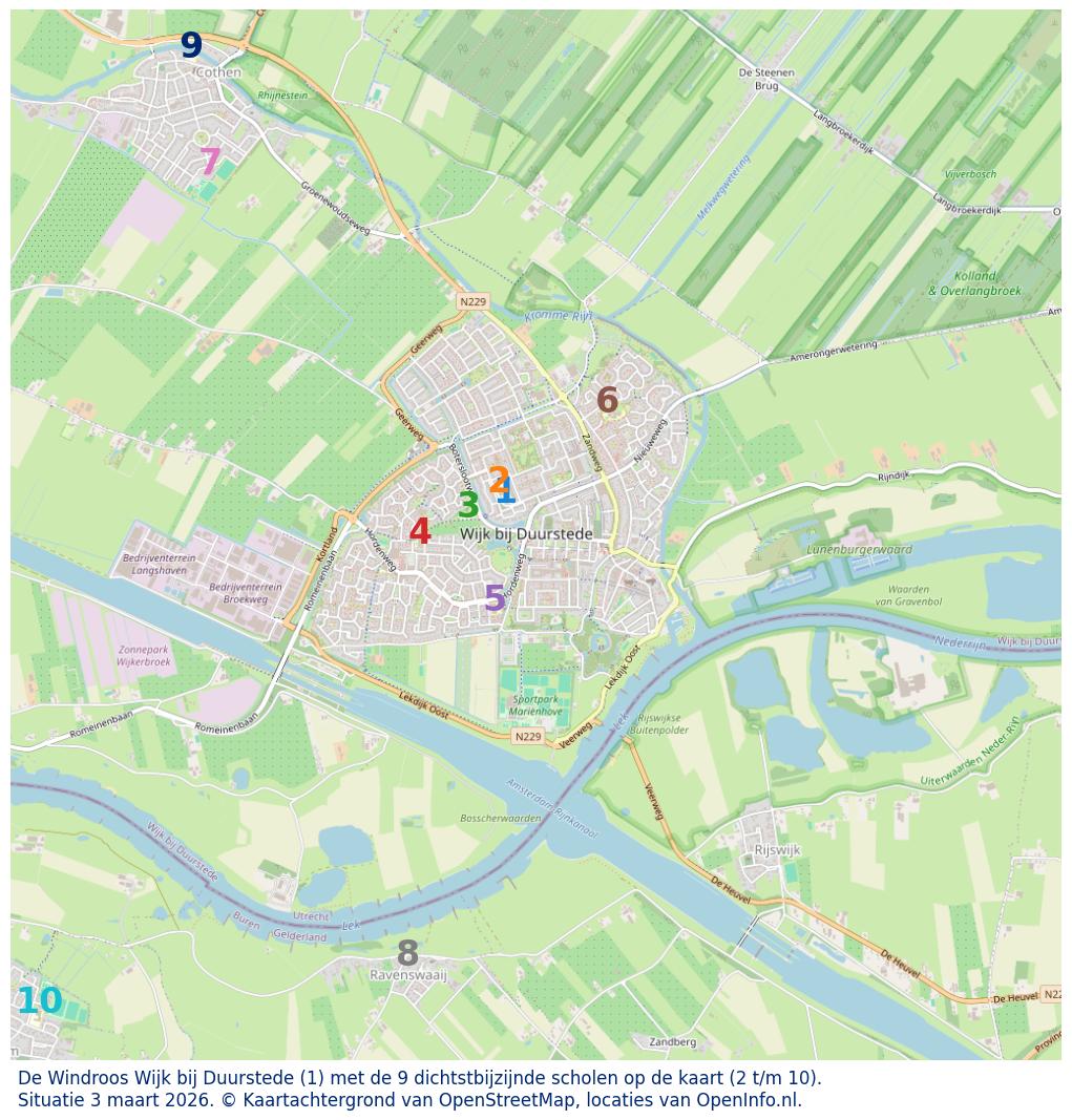 Kaart van de school met de tien dichtsbijzijnde scholen. Hierbij zijn de scholen genummerd van 1 tot en met 10. Nummer 1 is toegekend aan de schoolvestiging zelf: De Windroos Wijk bij Duurstede.