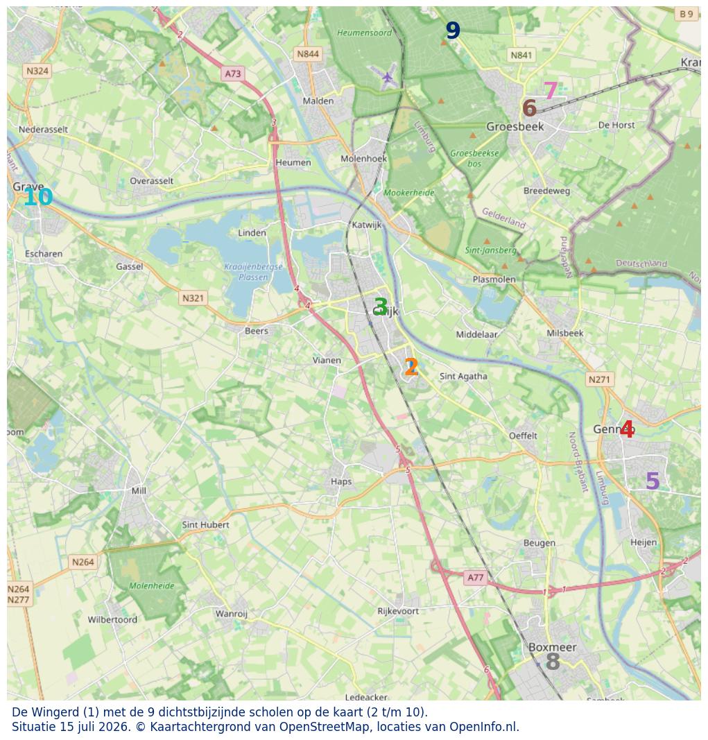 Kaart van de school met de tien dichtsbijzijnde scholen. Hierbij zijn de scholen genummerd van 1 tot en met 10. Nummer 1 is toegekend aan de schoolvestiging zelf: De Wingerd.
