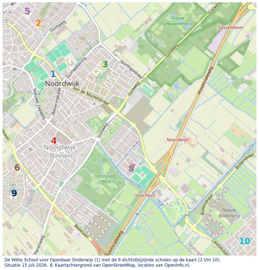 Kaart van de school met de tien dichtsbijzijnde scholen. Hierbij zijn de scholen genummerd van 1 tot en met 10. Nummer 1 is toegekend aan de schoolvestiging zelf: De Witte School voor Openbaar Onderwijs.