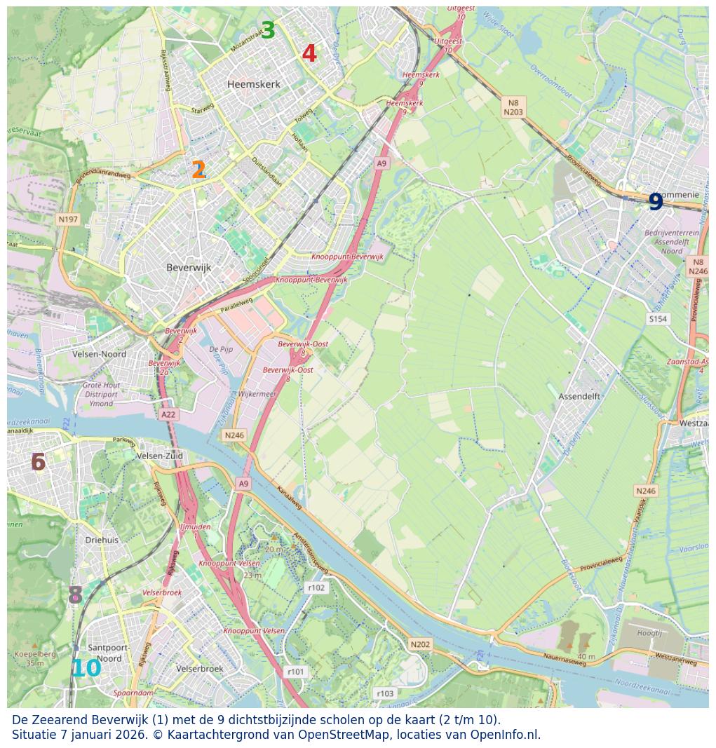 Kaart van de school met de tien dichtsbijzijnde scholen. Hierbij zijn de scholen genummerd van 1 tot en met 10. Nummer 1 is toegekend aan de schoolvestiging zelf: De Zeearend Beverwijk.