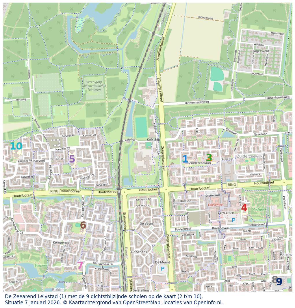 Kaart van de school met de tien dichtsbijzijnde scholen. Hierbij zijn de scholen genummerd van 1 tot en met 10. Nummer 1 is toegekend aan de schoolvestiging zelf: De Zeearend Lelystad.