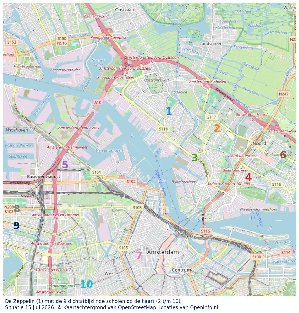 Kaart van de school met de tien dichtsbijzijnde scholen. Hierbij zijn de scholen genummerd van 1 tot en met 10. Nummer 1 is toegekend aan de schoolvestiging zelf: De Zeppelin.
